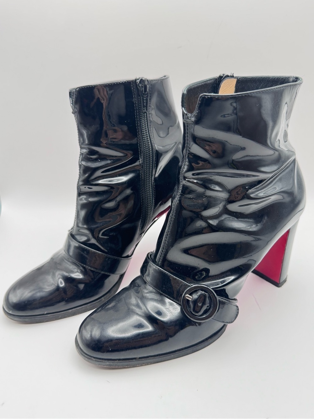 Christian Louboutin Black Patent Leather Buckle Ankle Boots Red Sole EU 36